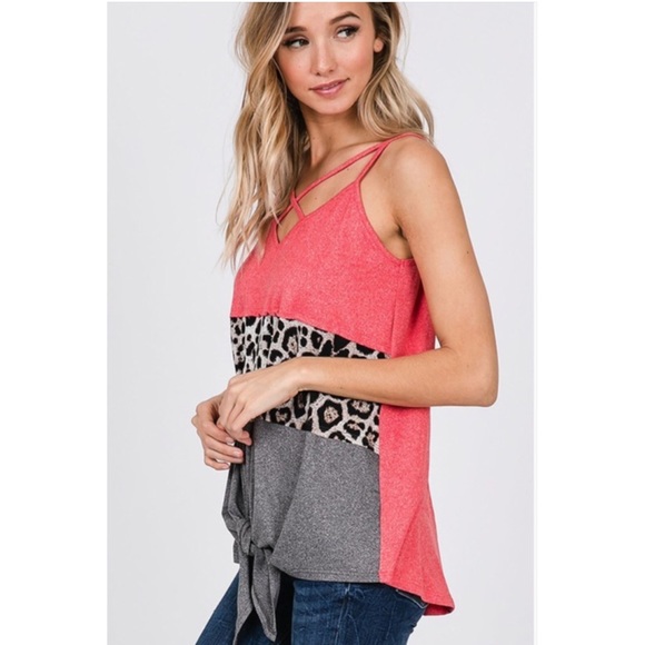 Leopard Print Coral Tie Front Strappy Tank Top! - Picture 11 of 16